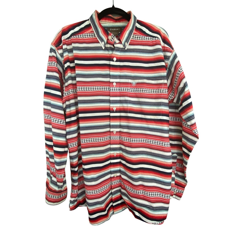 Ariat Mens Shirt L Red Navy Turquoise Serape Native Southwestern Stripe L/S